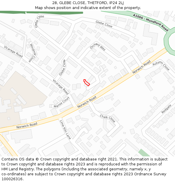 28, GLEBE CLOSE, THETFORD, IP24 2LJ: Location map and indicative extent of plot