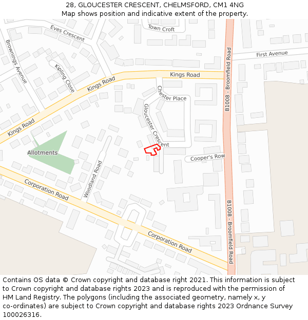 28, GLOUCESTER CRESCENT, CHELMSFORD, CM1 4NG: Location map and indicative extent of plot