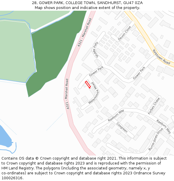 28, GOWER PARK, COLLEGE TOWN, SANDHURST, GU47 0ZA: Location map and indicative extent of plot