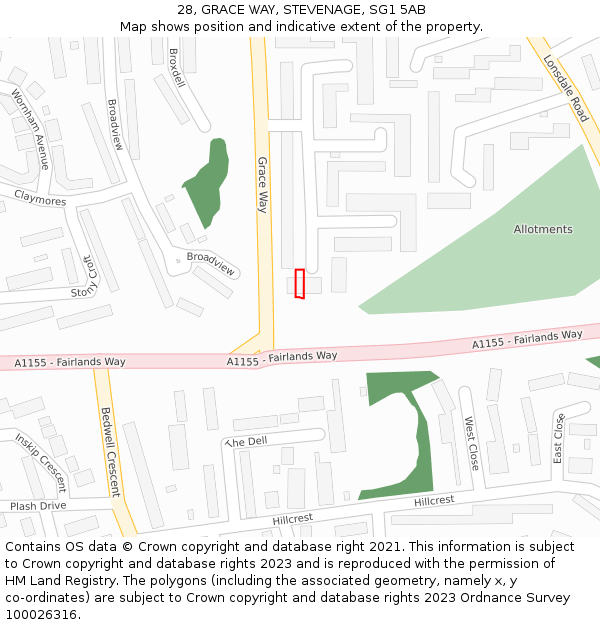 28, GRACE WAY, STEVENAGE, SG1 5AB: Location map and indicative extent of plot