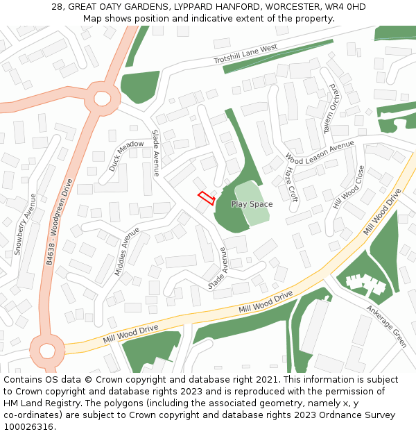 28, GREAT OATY GARDENS, LYPPARD HANFORD, WORCESTER, WR4 0HD: Location map and indicative extent of plot