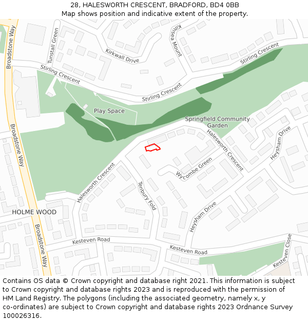 28, HALESWORTH CRESCENT, BRADFORD, BD4 0BB: Location map and indicative extent of plot