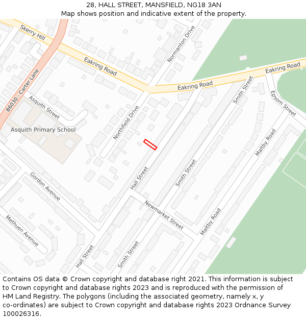 28, HALL STREET, MANSFIELD, NG18 3AN: Location map and indicative extent of plot