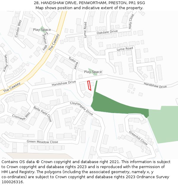 28, HANDSHAW DRIVE, PENWORTHAM, PRESTON, PR1 9SG: Location map and indicative extent of plot