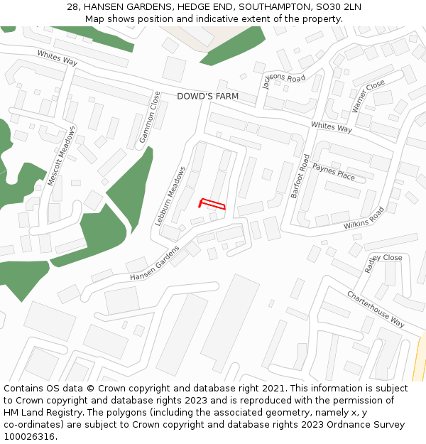 28, HANSEN GARDENS, HEDGE END, SOUTHAMPTON, SO30 2LN: Location map and indicative extent of plot