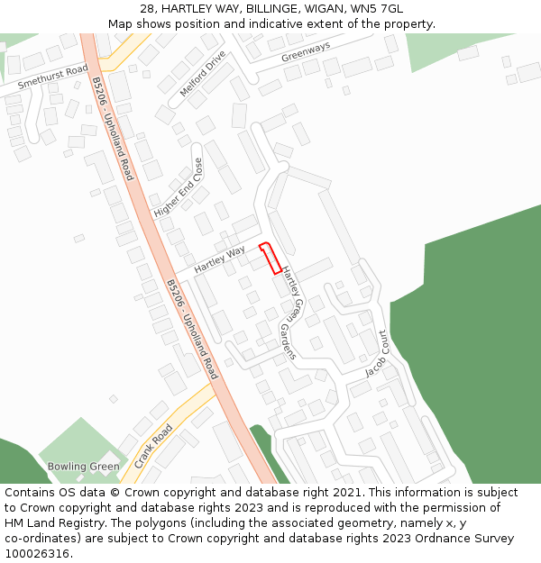 28, HARTLEY WAY, BILLINGE, WIGAN, WN5 7GL: Location map and indicative extent of plot
