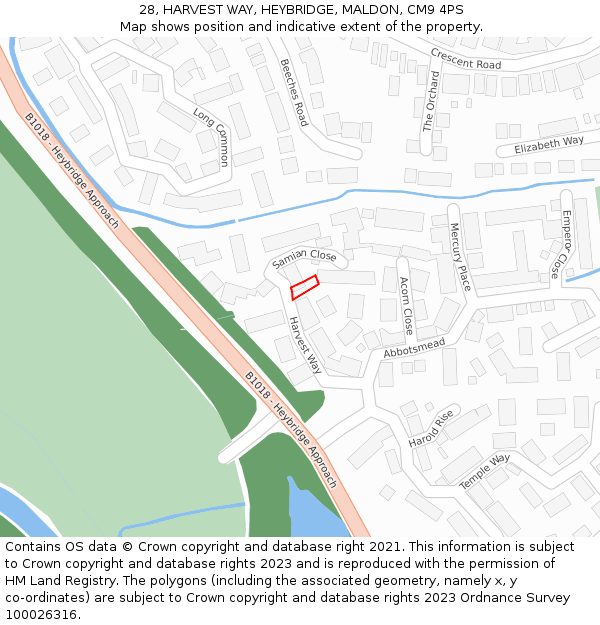 28, HARVEST WAY, HEYBRIDGE, MALDON, CM9 4PS: Location map and indicative extent of plot