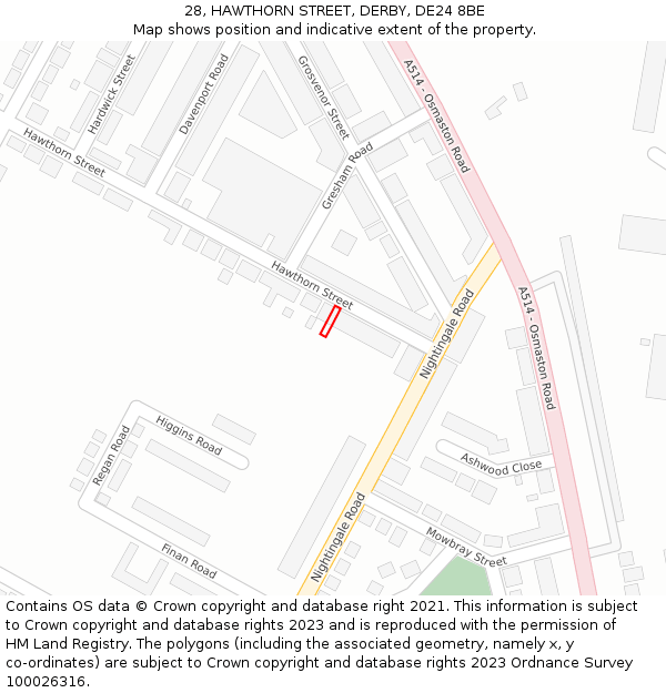 28, HAWTHORN STREET, DERBY, DE24 8BE: Location map and indicative extent of plot