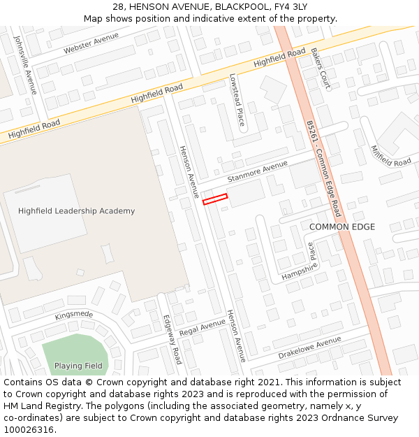 28, HENSON AVENUE, BLACKPOOL, FY4 3LY: Location map and indicative extent of plot