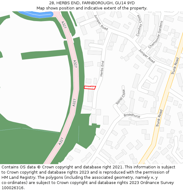 28, HERBS END, FARNBOROUGH, GU14 9YD: Location map and indicative extent of plot