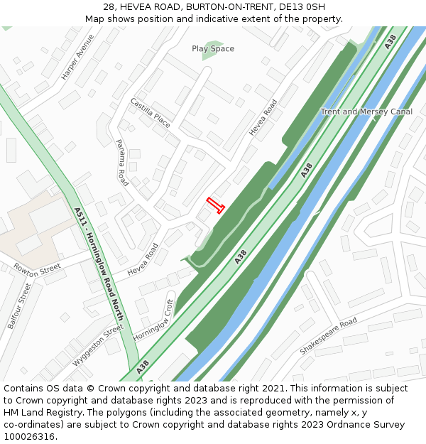 28, HEVEA ROAD, BURTON-ON-TRENT, DE13 0SH: Location map and indicative extent of plot