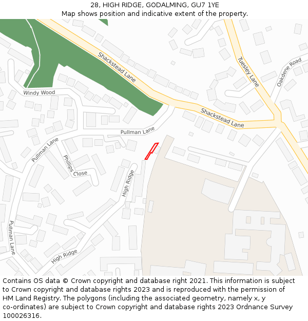 28, HIGH RIDGE, GODALMING, GU7 1YE: Location map and indicative extent of plot