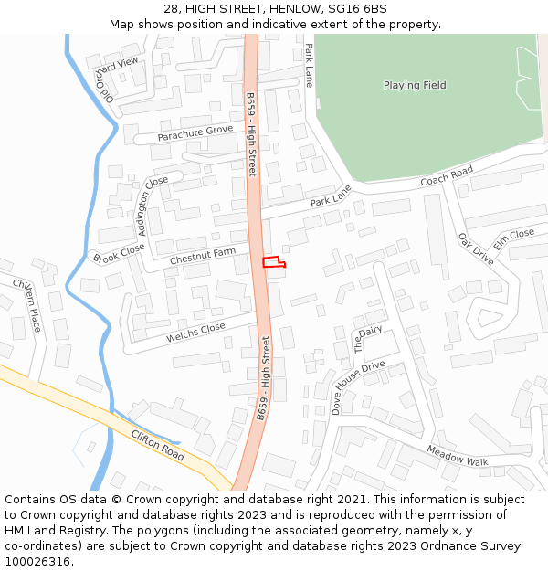 28, HIGH STREET, HENLOW, SG16 6BS: Location map and indicative extent of plot