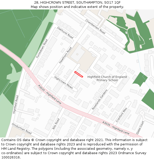 28, HIGHCROWN STREET, SOUTHAMPTON, SO17 1QF: Location map and indicative extent of plot