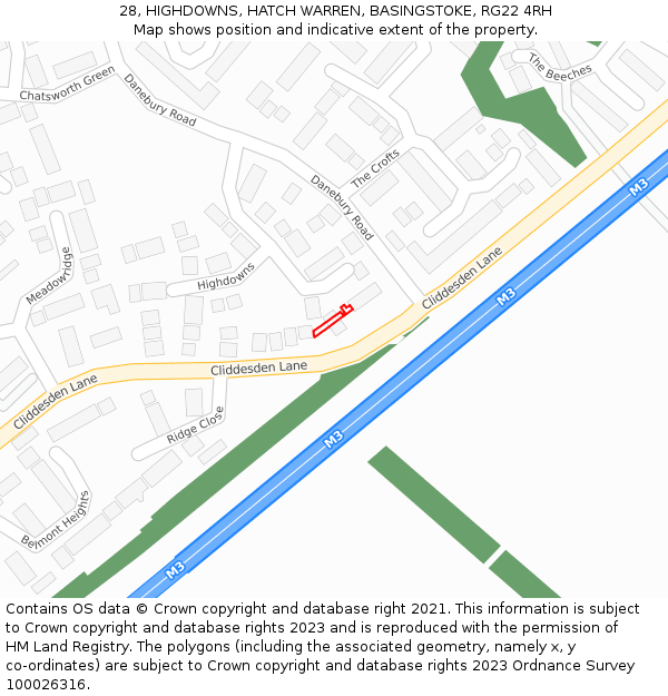 28, HIGHDOWNS, HATCH WARREN, BASINGSTOKE, RG22 4RH: Location map and indicative extent of plot