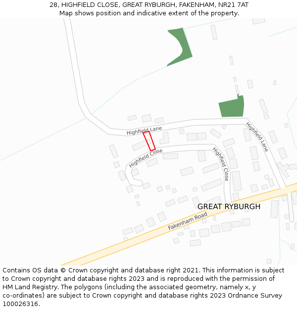 28, HIGHFIELD CLOSE, GREAT RYBURGH, FAKENHAM, NR21 7AT: Location map and indicative extent of plot