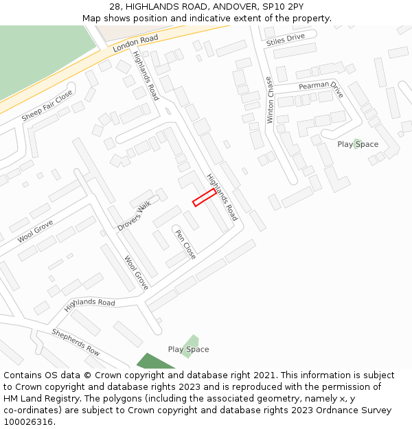28, HIGHLANDS ROAD, ANDOVER, SP10 2PY: Location map and indicative extent of plot
