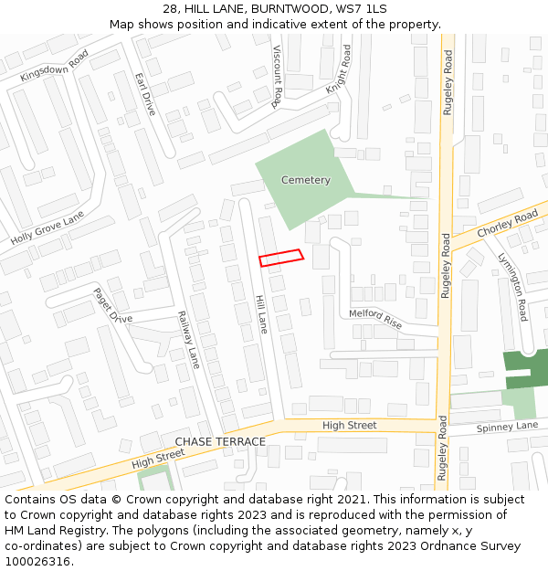 28, HILL LANE, BURNTWOOD, WS7 1LS: Location map and indicative extent of plot