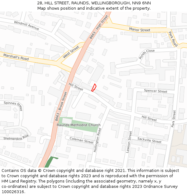 28, HILL STREET, RAUNDS, WELLINGBOROUGH, NN9 6NN: Location map and indicative extent of plot