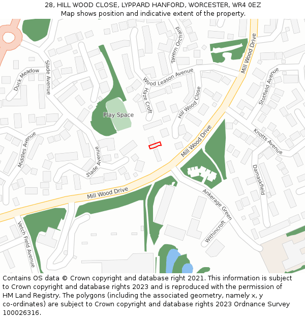 28, HILL WOOD CLOSE, LYPPARD HANFORD, WORCESTER, WR4 0EZ: Location map and indicative extent of plot