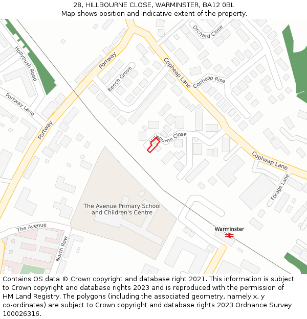 28, HILLBOURNE CLOSE, WARMINSTER, BA12 0BL: Location map and indicative extent of plot