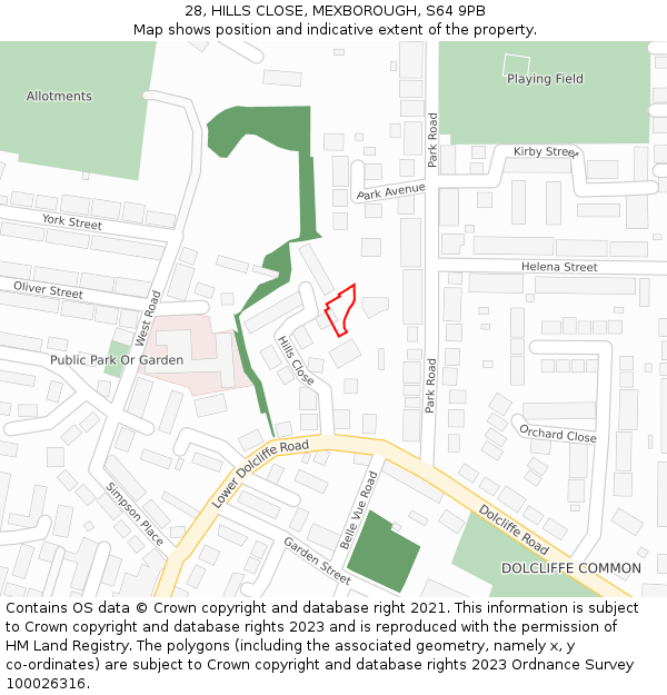 28, HILLS CLOSE, MEXBOROUGH, S64 9PB: Location map and indicative extent of plot