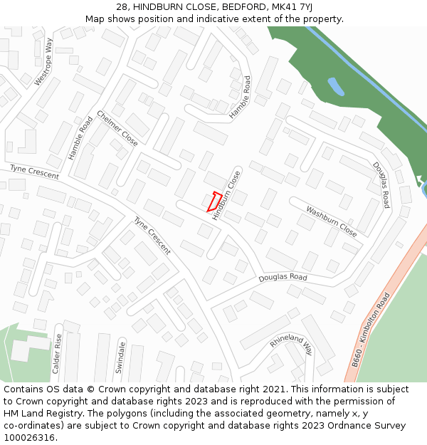 28, HINDBURN CLOSE, BEDFORD, MK41 7YJ: Location map and indicative extent of plot