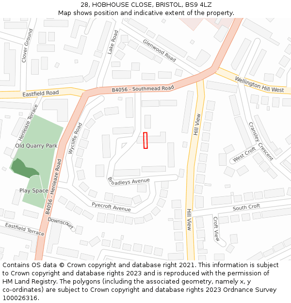 28, HOBHOUSE CLOSE, BRISTOL, BS9 4LZ: Location map and indicative extent of plot
