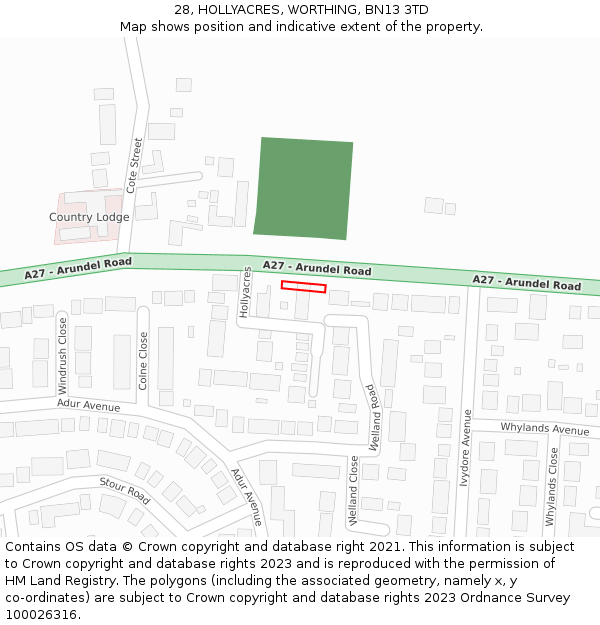 28, HOLLYACRES, WORTHING, BN13 3TD: Location map and indicative extent of plot