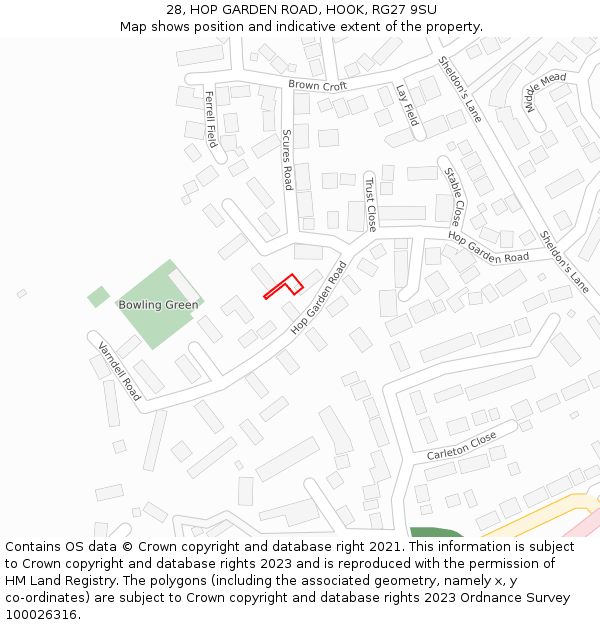 28, HOP GARDEN ROAD, HOOK, RG27 9SU: Location map and indicative extent of plot