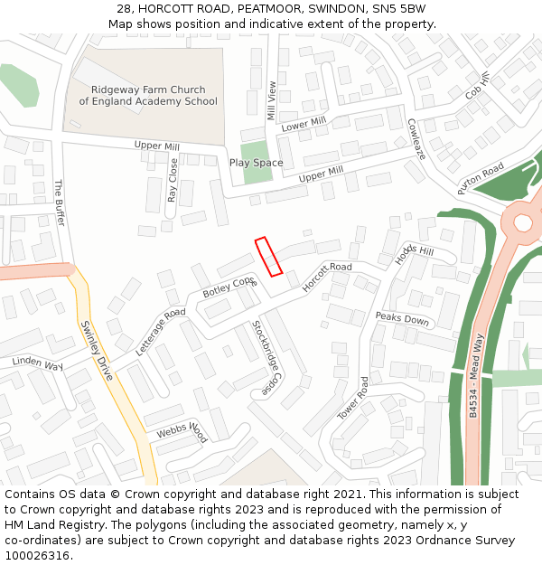 28, HORCOTT ROAD, PEATMOOR, SWINDON, SN5 5BW: Location map and indicative extent of plot