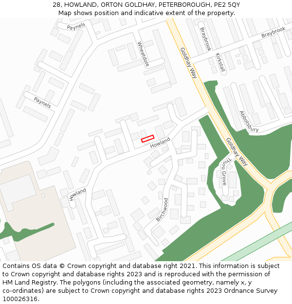 28, HOWLAND, ORTON GOLDHAY, PETERBOROUGH, PE2 5QY: Location map and indicative extent of plot