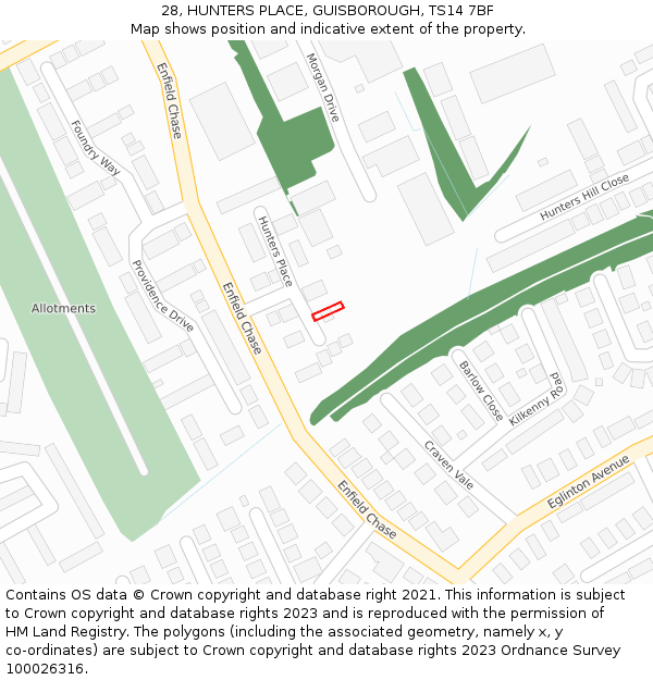 28, HUNTERS PLACE, GUISBOROUGH, TS14 7BF: Location map and indicative extent of plot