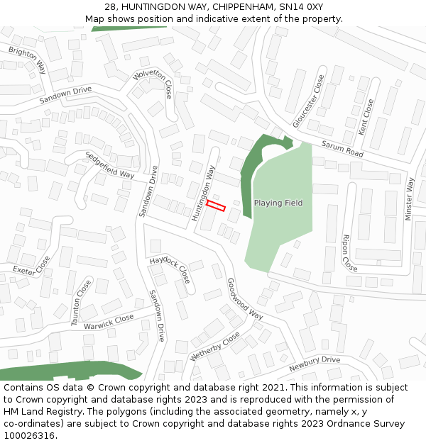 28, HUNTINGDON WAY, CHIPPENHAM, SN14 0XY: Location map and indicative extent of plot