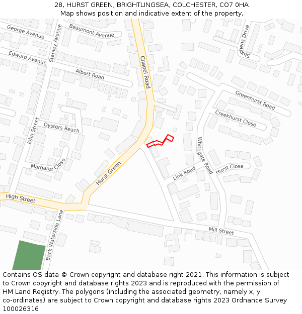28, HURST GREEN, BRIGHTLINGSEA, COLCHESTER, CO7 0HA: Location map and indicative extent of plot