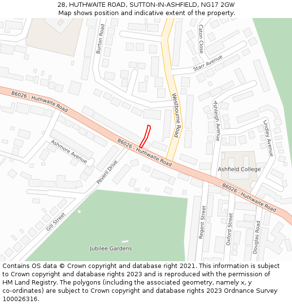 28, HUTHWAITE ROAD, SUTTON-IN-ASHFIELD, NG17 2GW: Location map and indicative extent of plot