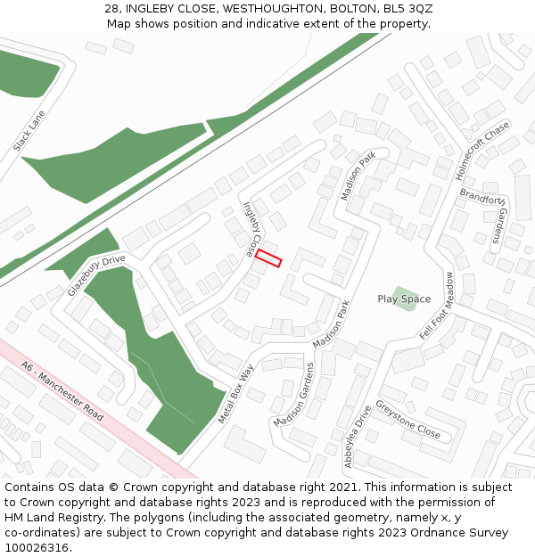 28, INGLEBY CLOSE, WESTHOUGHTON, BOLTON, BL5 3QZ: Location map and indicative extent of plot