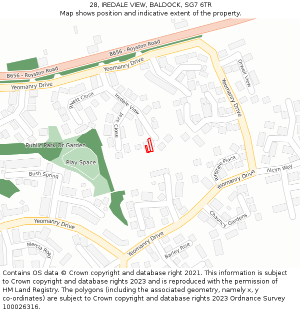 28, IREDALE VIEW, BALDOCK, SG7 6TR: Location map and indicative extent of plot