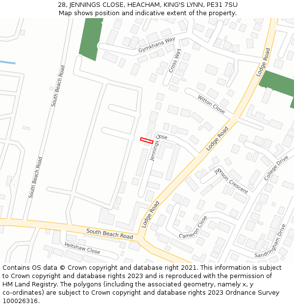 28, JENNINGS CLOSE, HEACHAM, KING'S LYNN, PE31 7SU: Location map and indicative extent of plot