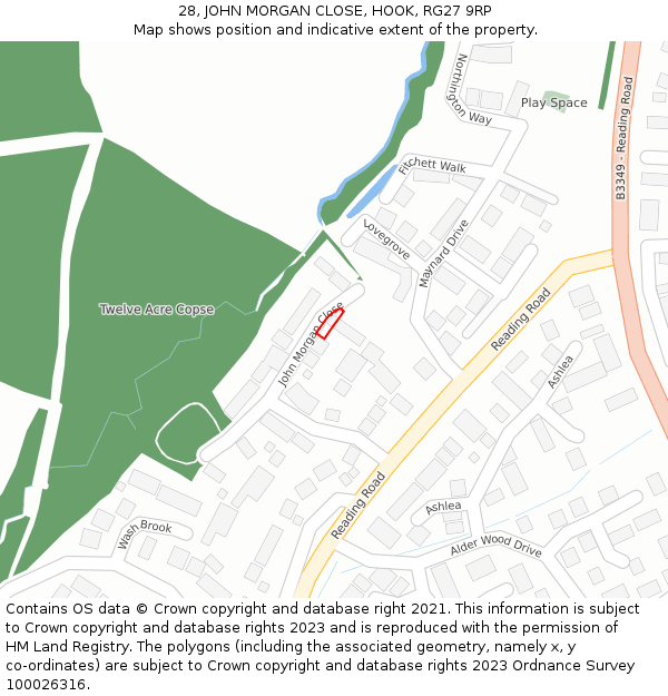 28, JOHN MORGAN CLOSE, HOOK, RG27 9RP: Location map and indicative extent of plot