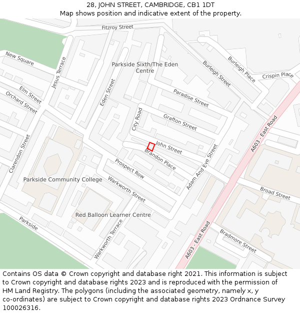 28, JOHN STREET, CAMBRIDGE, CB1 1DT: Location map and indicative extent of plot
