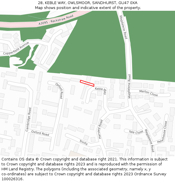 28, KEBLE WAY, OWLSMOOR, SANDHURST, GU47 0XA: Location map and indicative extent of plot