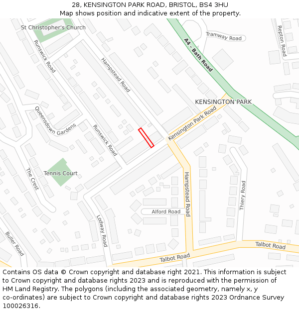 28, KENSINGTON PARK ROAD, BRISTOL, BS4 3HU: Location map and indicative extent of plot