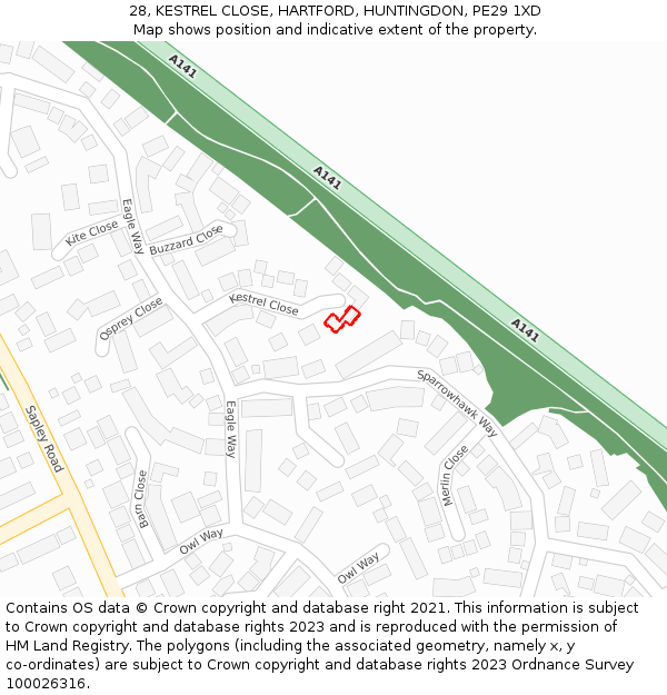 28, KESTREL CLOSE, HARTFORD, HUNTINGDON, PE29 1XD: Location map and indicative extent of plot