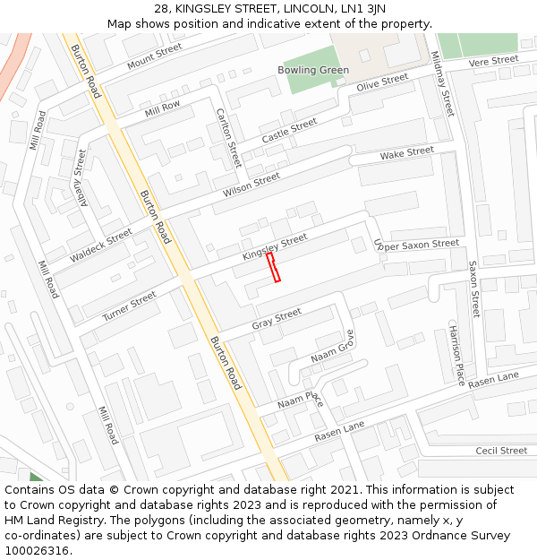 28, KINGSLEY STREET, LINCOLN, LN1 3JN: Location map and indicative extent of plot