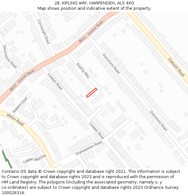28, KIPLING WAY, HARPENDEN, AL5 4XG: Location map and indicative extent of plot