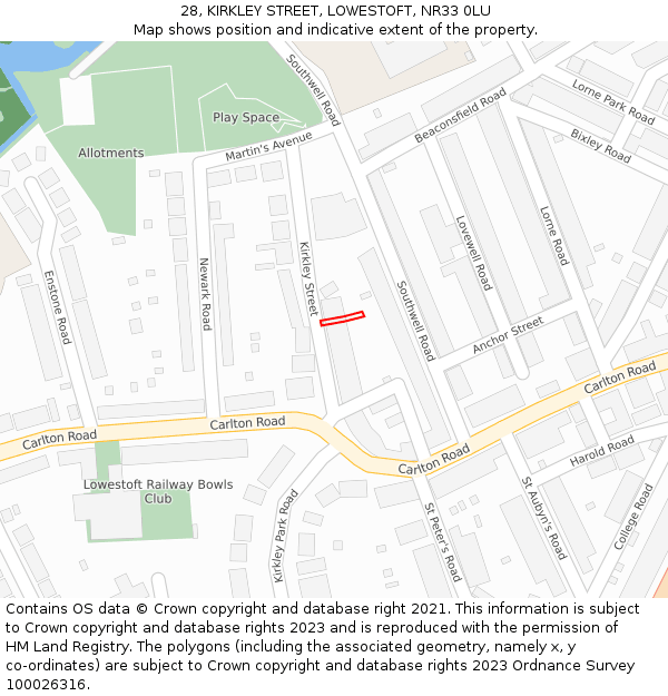28, KIRKLEY STREET, LOWESTOFT, NR33 0LU: Location map and indicative extent of plot