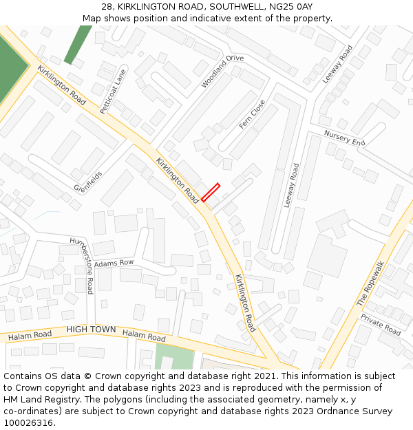 28, KIRKLINGTON ROAD, SOUTHWELL, NG25 0AY: Location map and indicative extent of plot