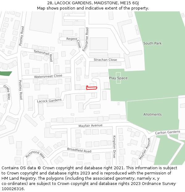 28, LACOCK GARDENS, MAIDSTONE, ME15 6GJ: Location map and indicative extent of plot