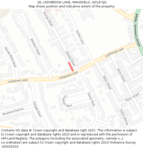 28, LADYBROOK LANE, MANSFIELD, NG18 5JG: Location map and indicative extent of plot